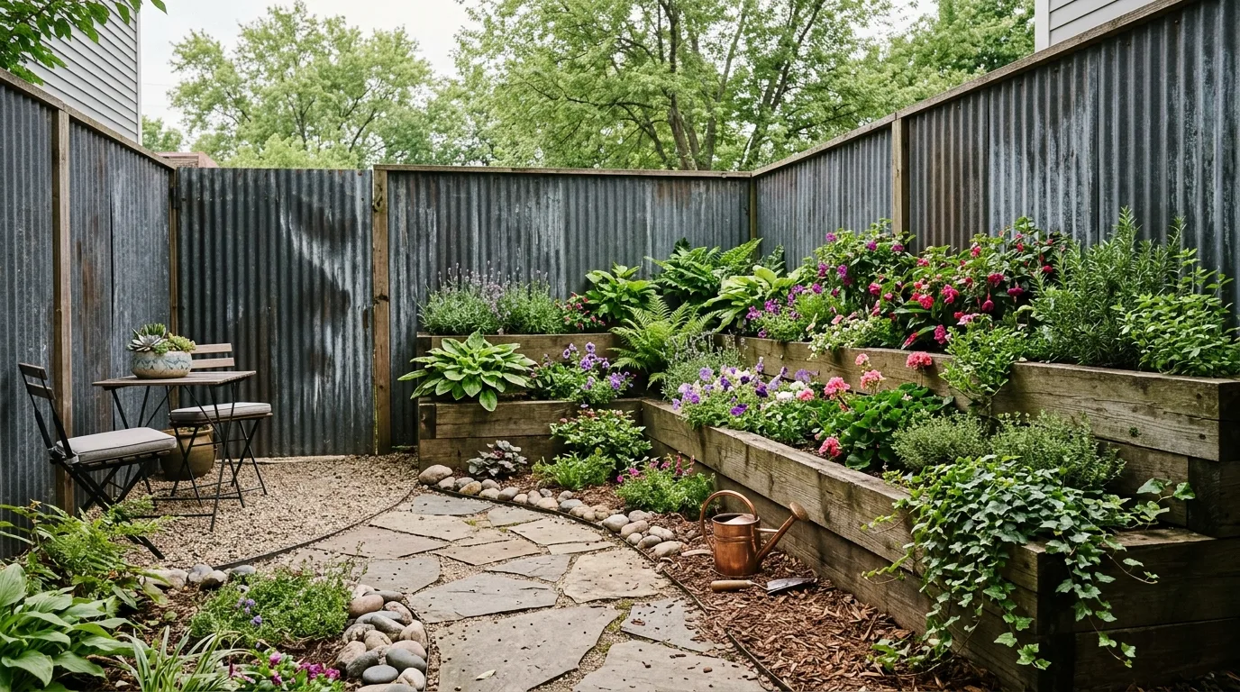 Compact Backyard With Sheet Metal Fence Panels